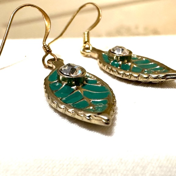 Price Drop💚 Enamel.CZ, 14kgf 1999 Lovely Upcycled Earrings Emerald Green - Picture 2 of 5